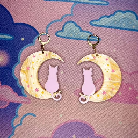 Celestial Kitty Statement Earrings (Pink and Yellow)