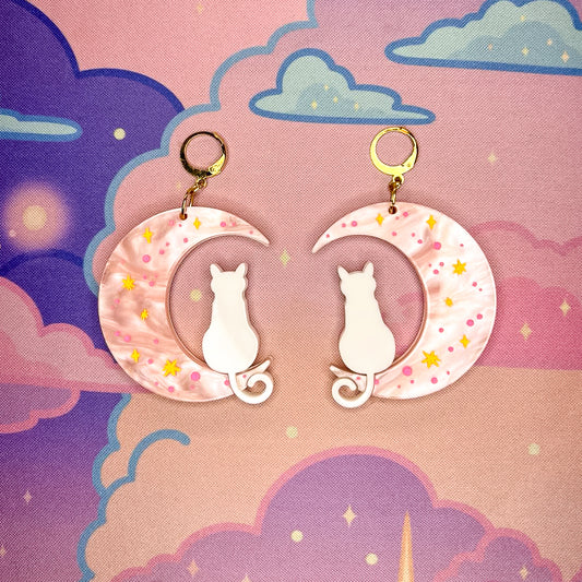 Celestial Kitty Statement Earrings (White and Pink)