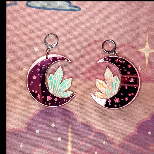 Crystal Moon Earrings (Pink Mirror)