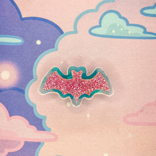 Bright Pink Glitter and Iridescent Acrylic Bat Pin