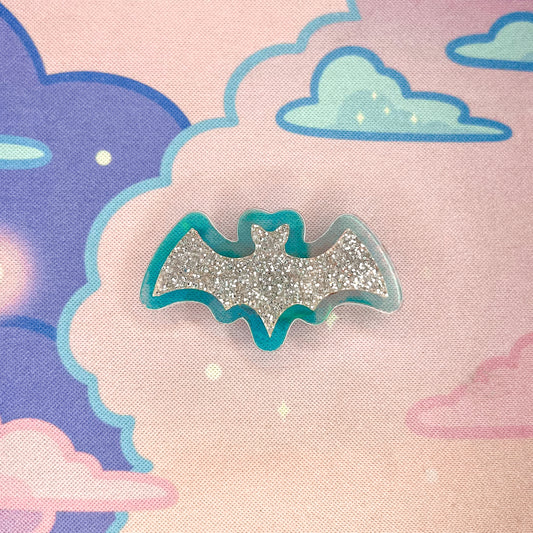 Silver Glitter and Iridescent Acrylic Bat Pin