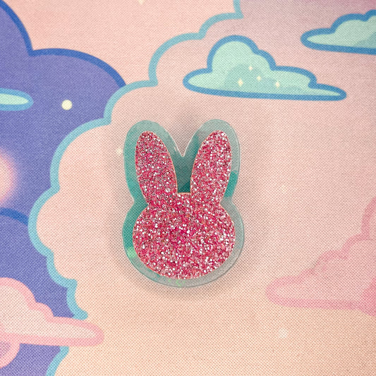 Bright Pink Glitter and Iridescent Acrylic Bunny Pin