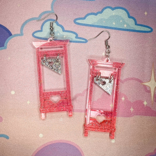 Glitter Heart Guillotine Earrings (Pink)