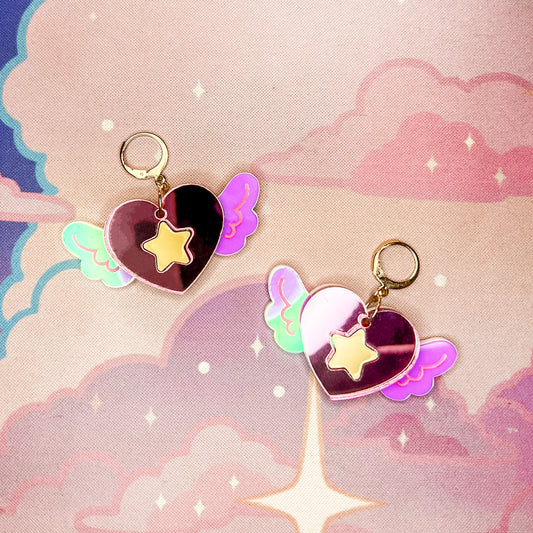 Magical Girl Winged Heart Statement Earrings (Pink)