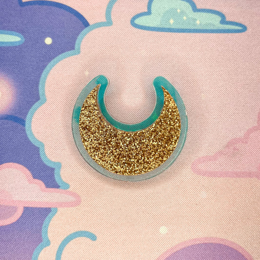 Gold Glitter and Iridescent Acrylic Crescent Moon Pin