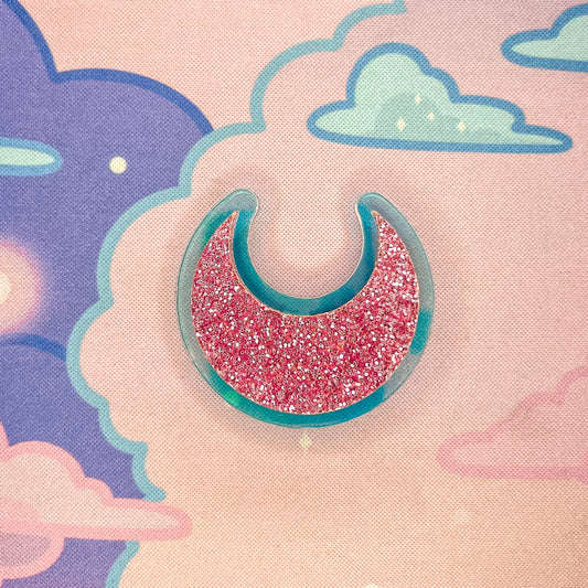 Bright Pink Glitter and Iridescent Acrylic Crescent Moon Pin