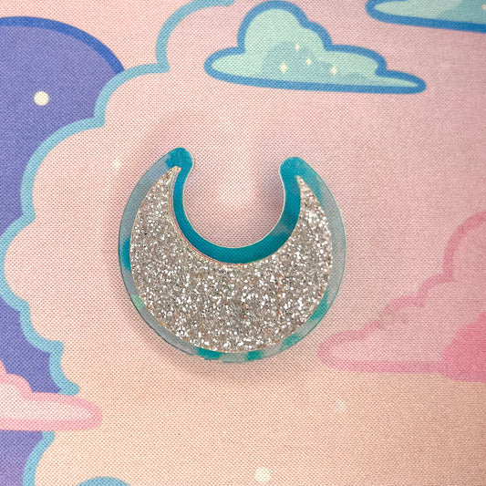 Silver Glitter and Iridescent Acrylic Crescent Moon Pin