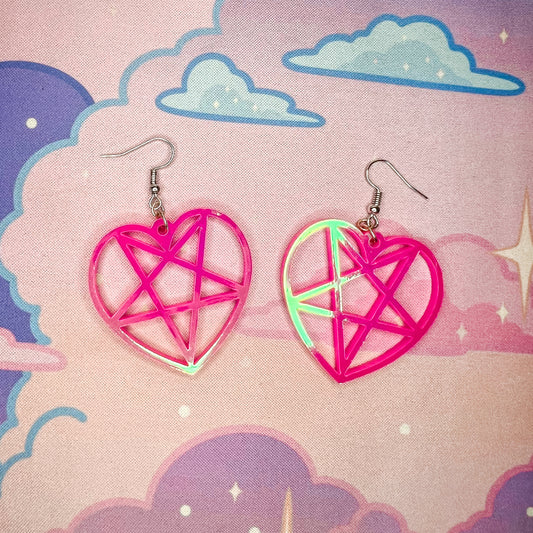 Heart Pentagram Earrings (Iridescent Pink)