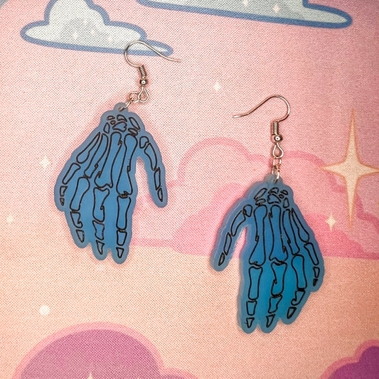 Glow in the Dark Skeleton Hand Earrings (Blue)