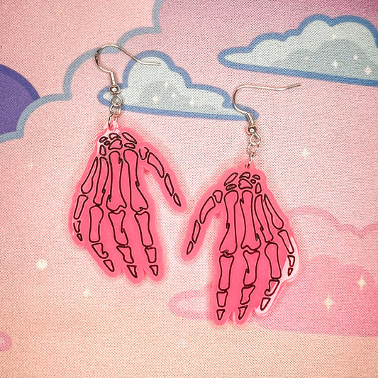 Glow in the Dark Skeleton Hand Earrings (Pink)